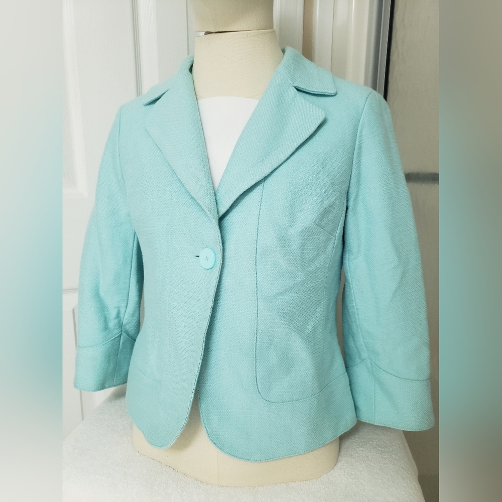 Don Caster 3/4 Sleeve Cotton/Linen Button Front Aqua Blue Cropped Blazer